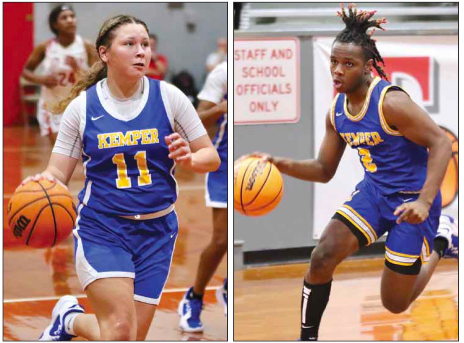 Neera Bell (11) goes down court to score for the Kemper County Wildcats in recent basketball action. At right, Kemper County's Cameron Butler (2) drives to the basket to score for the Wildcats in recent basketball action.